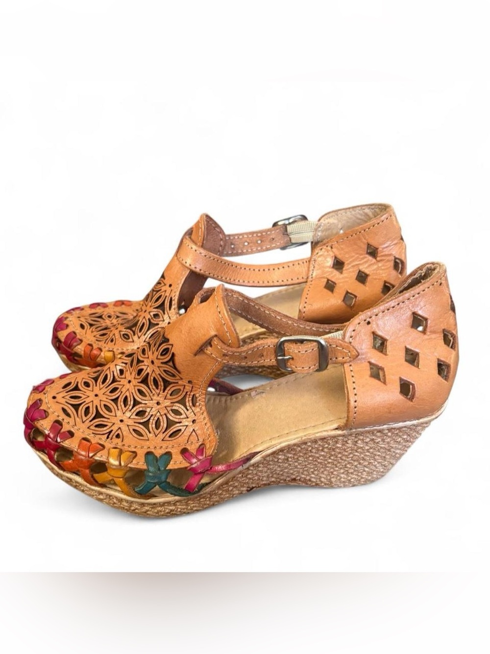 Tan Leather Cutout Wedge Sandals - Comfort Casual